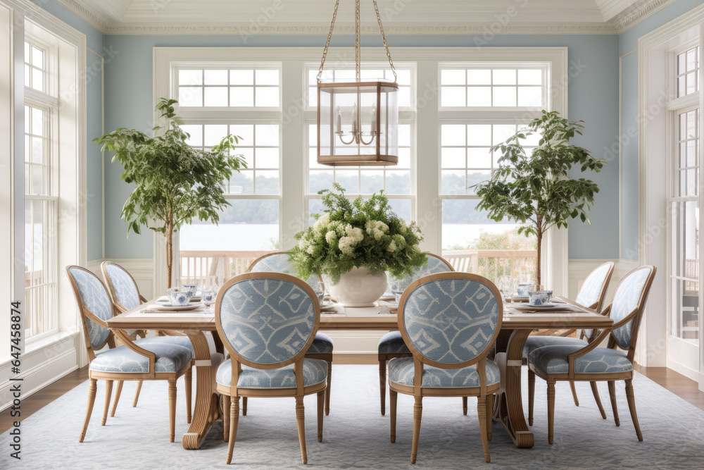 A Tranquil Dining Room Oasis with a Harmonious Blend of Blue and White Accents A Tranquil Dining Room Oasis with a Harmonious Blend of Blue and White Accents