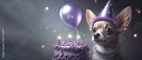 A lilac chihuahua in a cap on his head sits next to a cake and candles. Banner. Wallpaper. Generated AI. Edited in Photoshop