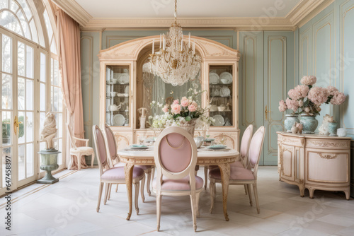 Elegant French Provincial Dining Room with Ornate Furniture and Soft Pastel Colors