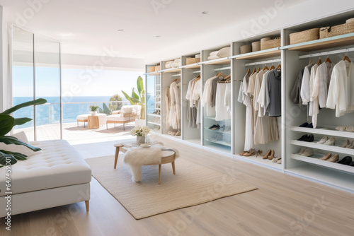 A Spacious and Serene Walk-in Closet in Modern Coastal Style, Perfect for Organizing and Displaying Your Wardrobe