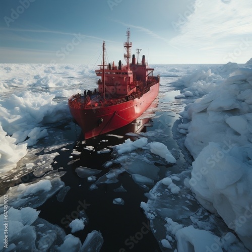 an aerial view of a red tanker sailing on large ice floes