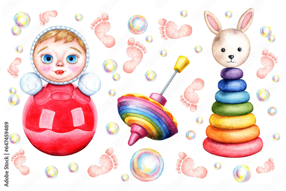 Obraz premium Watercolor illustration of a set of children's toys: tumbler, spinning top, pyramid, foot print and soap bubbles. Patterns for children's clothing, textiles, wallpaper, wrapping paper, packaging, 