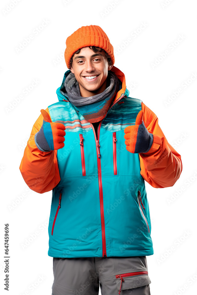 Happy Latin American teen boy dressed with ski outfit doing thumbs up. Isolated on with background Happy Latin American teen boy dressed with ski outfit doing thumbs up. Isolated on with background