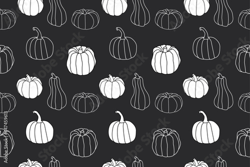 Seamless pattern with trendy autumn outline simple pumpkins on black background. Vector illustration of pumpkins elements for halloween or falls. Design for nursery and for fabrics 