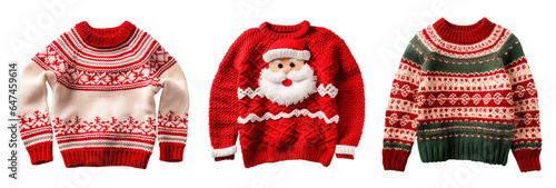 Set of three Christmas ugly sweaters over isolated transparent background