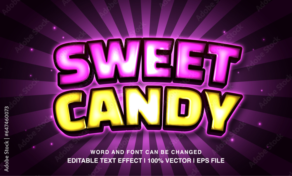 Sweet candy editable text effect template, 3d cartoon style neon light typeface, premium vector	