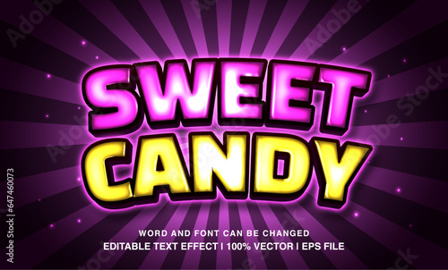 Sweet candy editable text effect template, 3d cartoon style neon light typeface, premium vector 