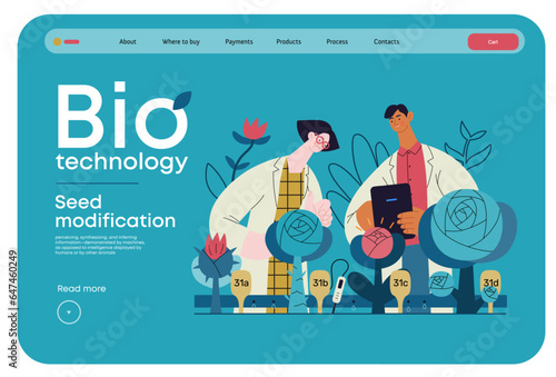 Bio Technology, Seed Modification -modern flat vector concept illustration of scientists analysing genetic modificated variants of a plant. Metaphor of direct impact of GMO on vegetation