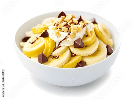 bowl of delicious banana with chocolate and nuts on white background