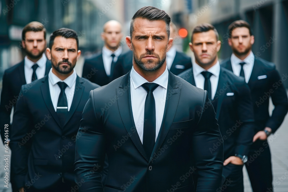 Bodyguards in suits. A group of professional serious bodyguards in business attire