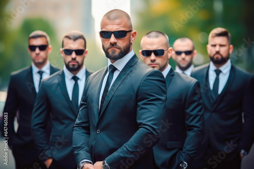 Bodyguards in suits. A group of professional serious bodyguards in business attire and sunglasses