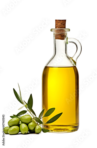 Olive oil in glass bottle on isolated transparent background
