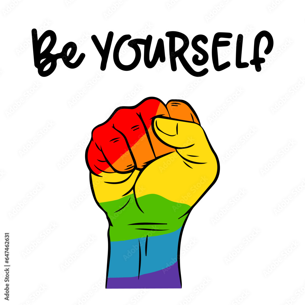Be yourself, LGBT symbol rainbow hand celebration and commemoration of lesbian, gay, bisexual, and transgender pride. LGBT Pride Month.Vector illustration design template. Greeting card, sticker, logo