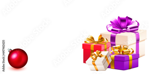 Holiday illustration with bunch of colored gift boxes with ribbons and bows, several burning candles and Christmas ball on white background