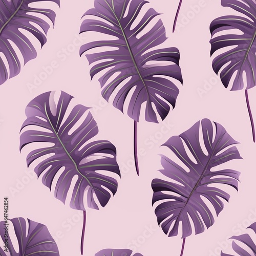 Monstera deliciosa leaves illustration isolated on light pink background, retro style tropical floral leaves pattern design, for gift packing paper, fabric print and web banner backgrounds.