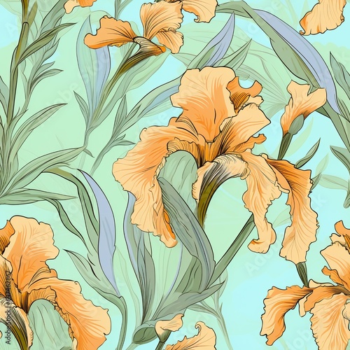Vintage floral seamless pattern with orange iris flowers on mint green background.