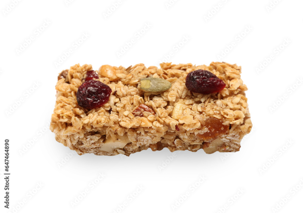 Tasty granola bar with berries isolated on white Tasty granola bar with berries isolated on white