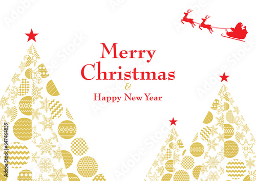 雪の結晶とオーナメントでできたクリスマスツリーとサンタクロース　A4横位置　白バック