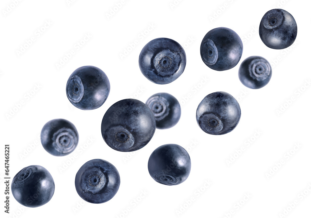 Many fresh ripe blueberries flying on white background Many fresh ripe blueberries flying on white background