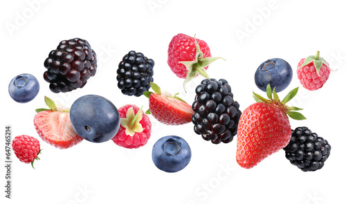 Many different berries flying on white background