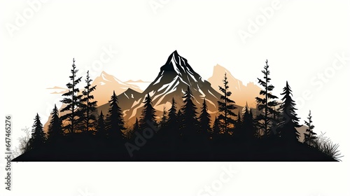 black silhouette of mountains and fir trees camping adventure wildlife landscape panorama illustration icon vector for logo, isolated on white background generative AI