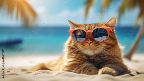 cat summer vacation, funny pet with sunglasses sunbathing on a tropical beach, relaxed holiday spirit generative AI