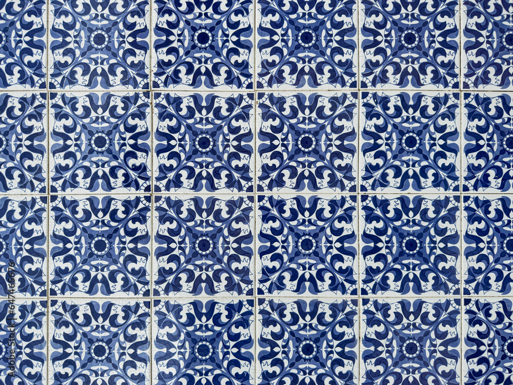 Traditional white and blue ornate portuguese decorative tiles azulejos