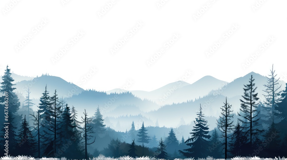 forest blackforest woods vector illustration banner landscape panorama - blue silhouette of spruce and fir trees, isolated on white background generative AI