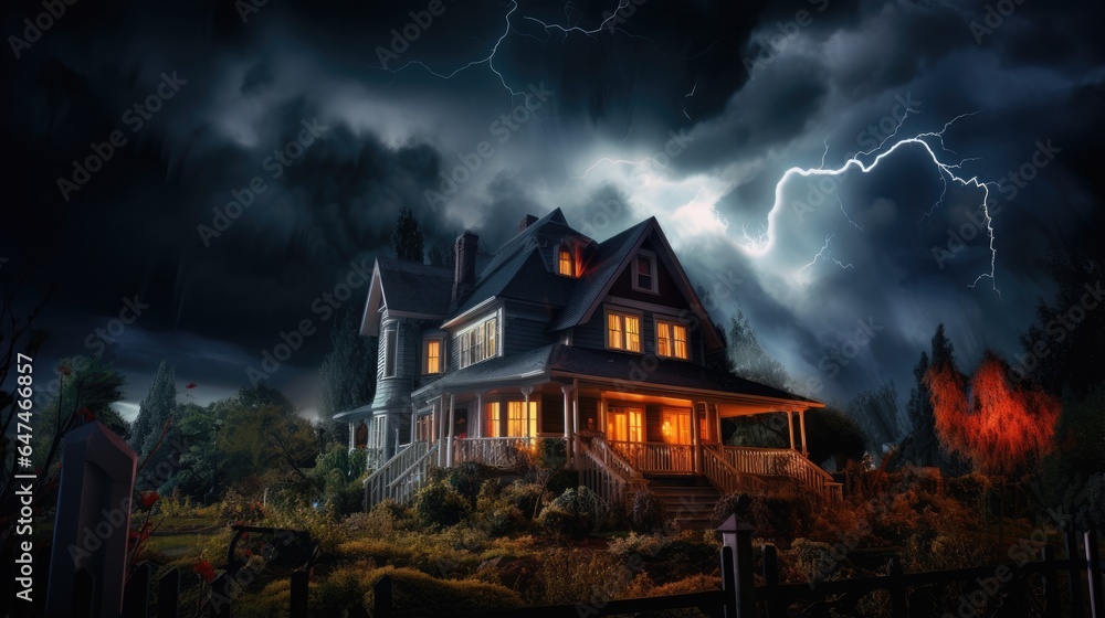 haunted house amidst a storm generative AI - obrazy, fototapety, plakaty 