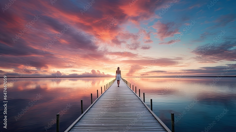 lone figure standing on long pier at sunrise generative AI