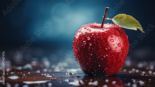 Red apple with water drops on blue blur background 