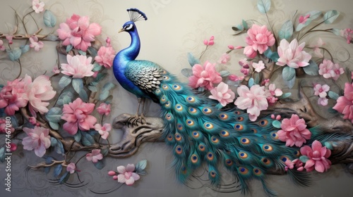 luxury elegant leather base floral damask with colorful flowers and peacock tail feathers illustration background peacock on flower branch mural painting wall art decor ai generated