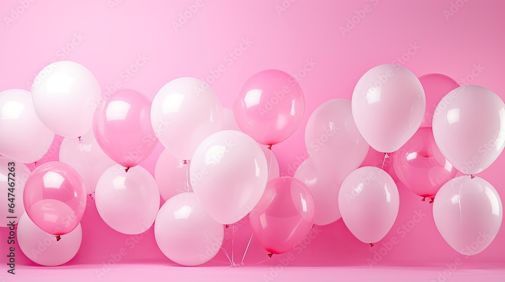 pink and white balloons in front of a pink wall generative AI