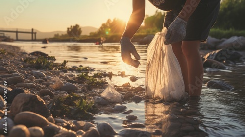 people volunteering, cleaning up trash from beach river sunset generative AI
