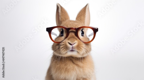rabbit wearing small round glasses isolated on a white background generative AI © Brandon