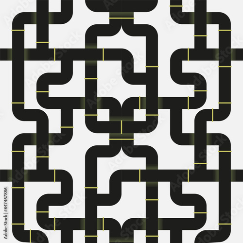 Black sewage pipelines intertwined in an industrial pattern. Vector seamless pattern design for textile, fashion, paper, packaging, wrapping and branding