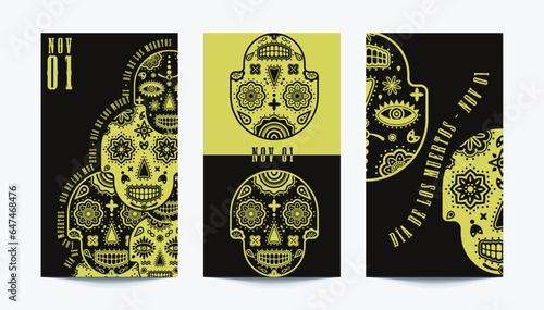 SET of 3 social media stories templates for Dia de los muertos in black and neon green. Unique sugar skull design covers.