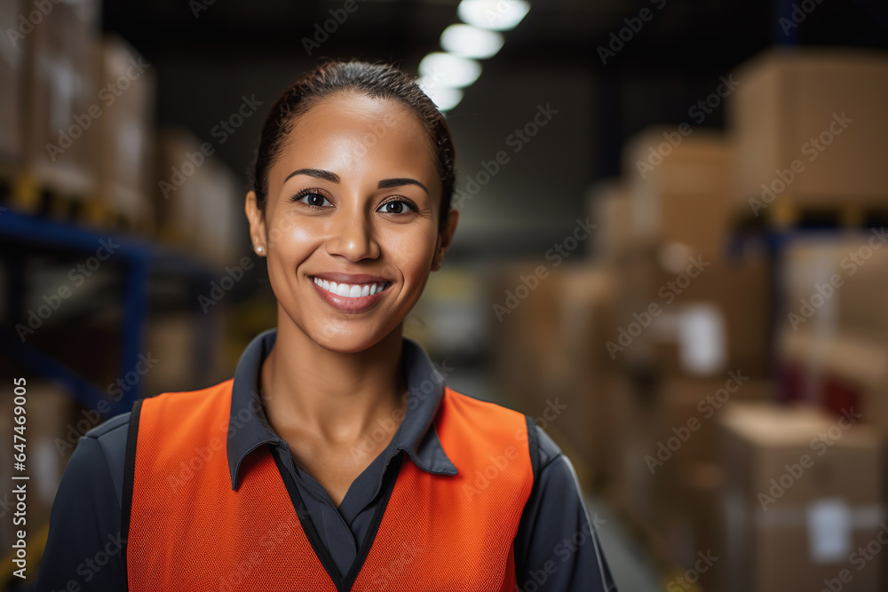 Fototapeta premium Hispanic female warehouse worker in store warehouse