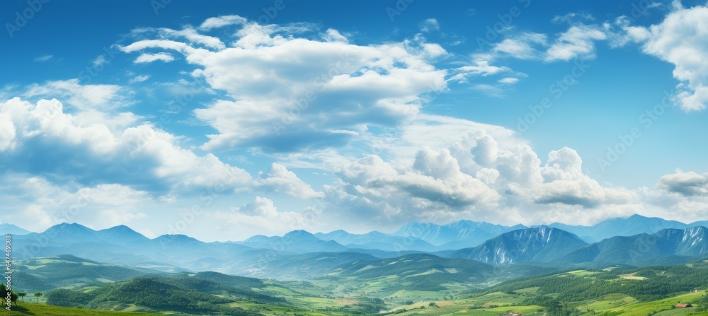 Mountains landscape panoramic background. Generative AI technology.