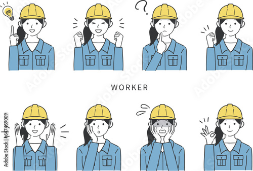 様々な表情をする女性作業員のイラスト素材セット