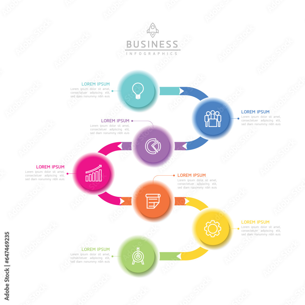Naklejka premium Vector infographic business presentation timeline template with circular interconnection with 7 options.