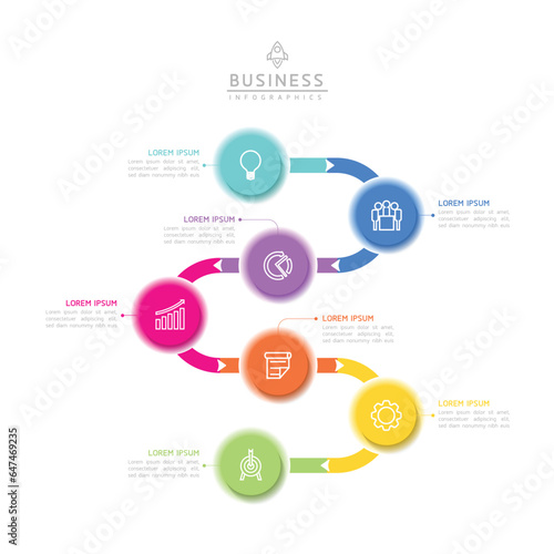 Vector infographic business presentation timeline template with circular interconnection with 7 options.