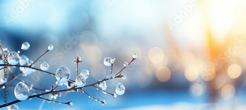 Frozen snow winter dew on tree branch. Christmas and new year event concept. Generative AI technology. 
