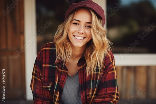Young blonde woman autumn outdoor portrait. Fall season lifestyle