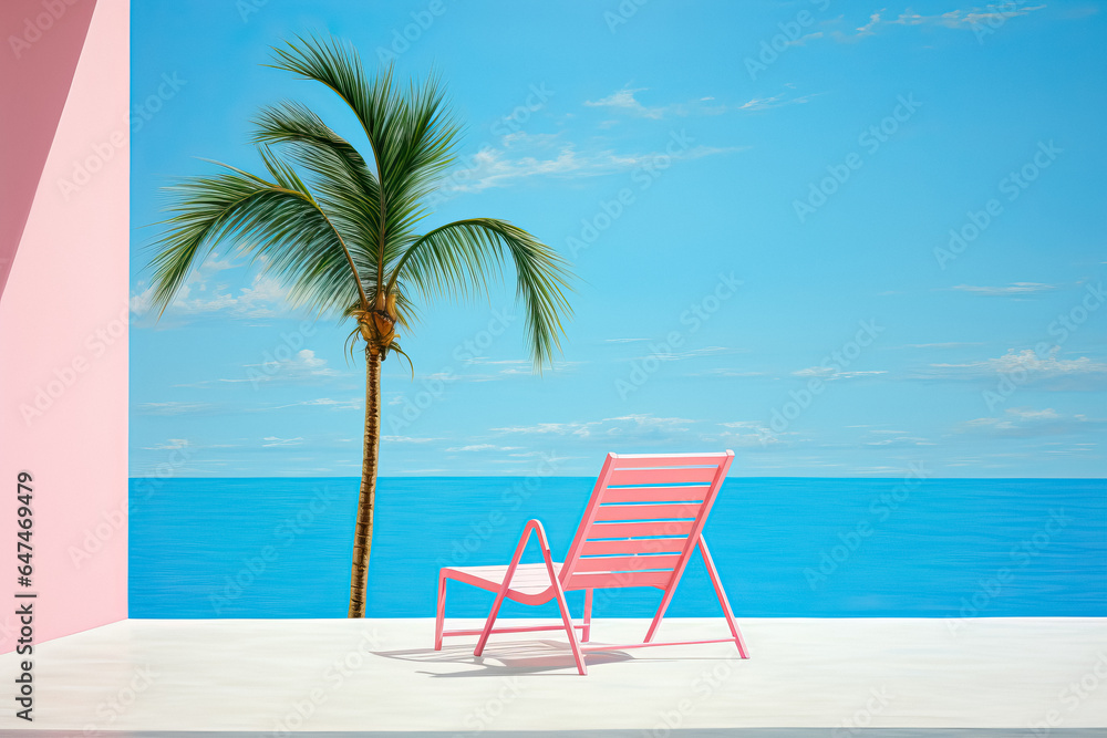 Minimalistic Aesthetic Summer Scene. Sunny Seascape View, Oceanic Balcony with Armchairs, Tranquil Terrace, Poolside Palm Trees, Restful Window Scenery. Generative AI.