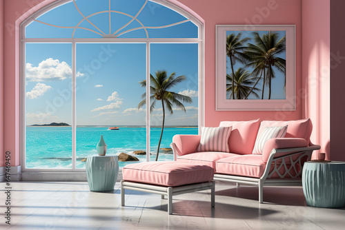 Minimalistic Aesthetic Summer Scene. Sunny Seascape View, Oceanic Balcony with Armchairs, Tranquil Terrace, Poolside Palm Trees, Restful Window Scenery. Generative AI. © overlays-textures