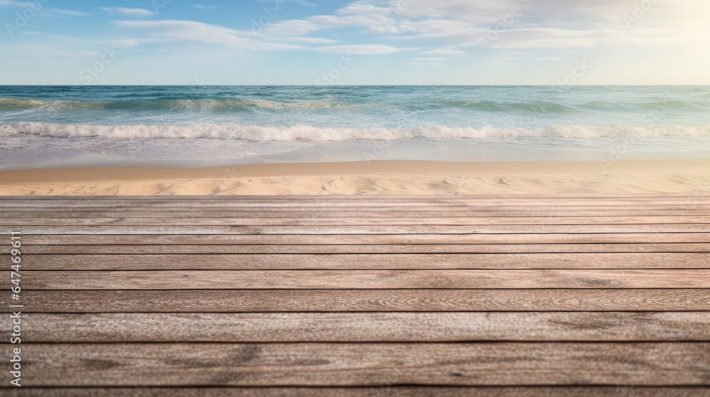 Empty wooden deck with blurred beach for product presentation Empty wooden deck with blurred beach for product presentation