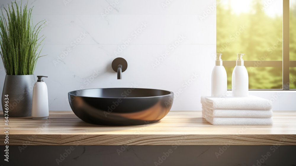 Hygiene products and towels on the table with the window in the background. Bathroom interior with minimalist design. Hygiene products and towels on the table with the window in the background. Bathroom interior with minimalist design.