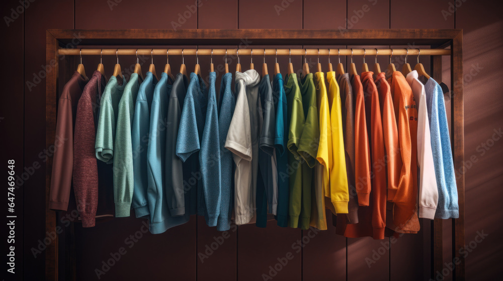 Colorful clothes hanging on rack on dark background.
