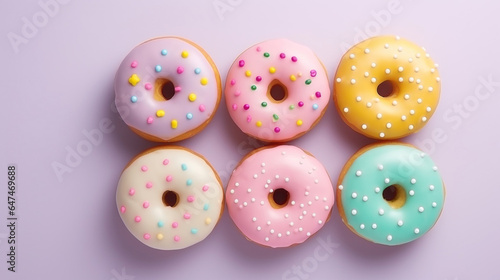 Delicious donuts on light pastel color background.